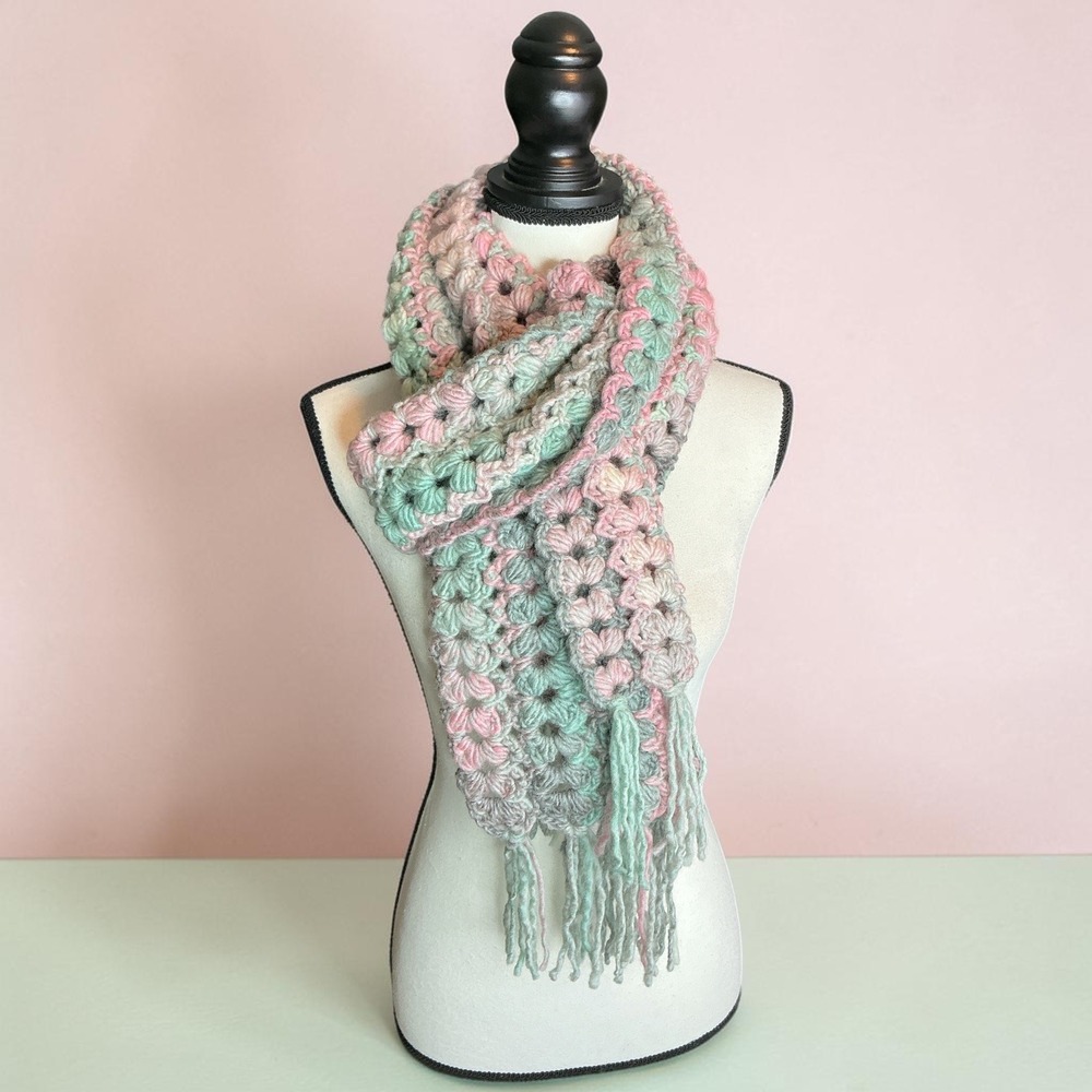 Handmade Seashell Pink Green Scarf Women OS Crochet Tassel Bernat Symphony